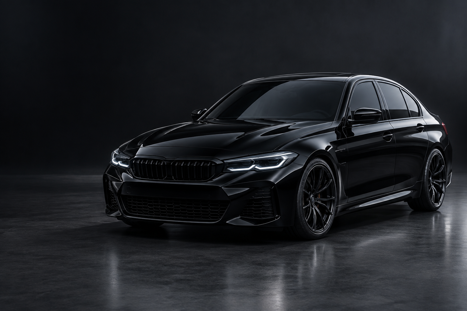 Black sports sedan with tinted windows in a dark studio